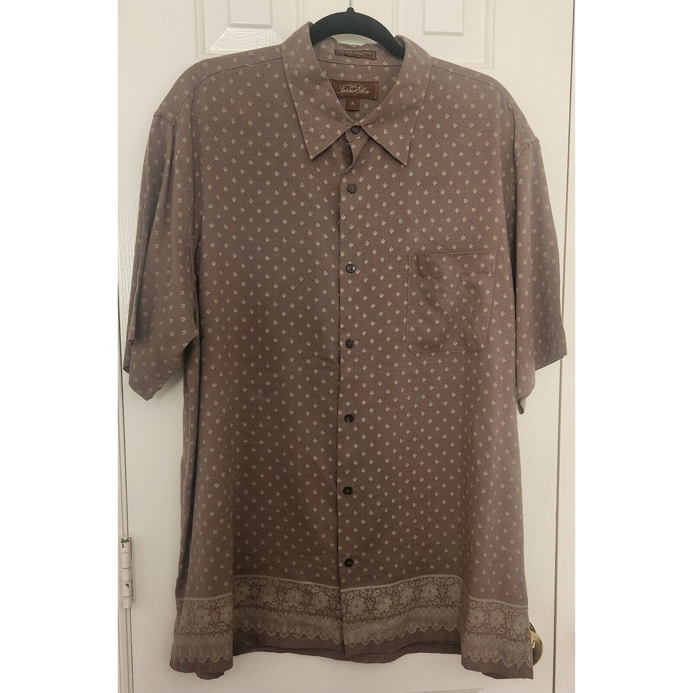 Tasso Elba Silk Linen Casual Button Down Shirt Men's XL Brown Print